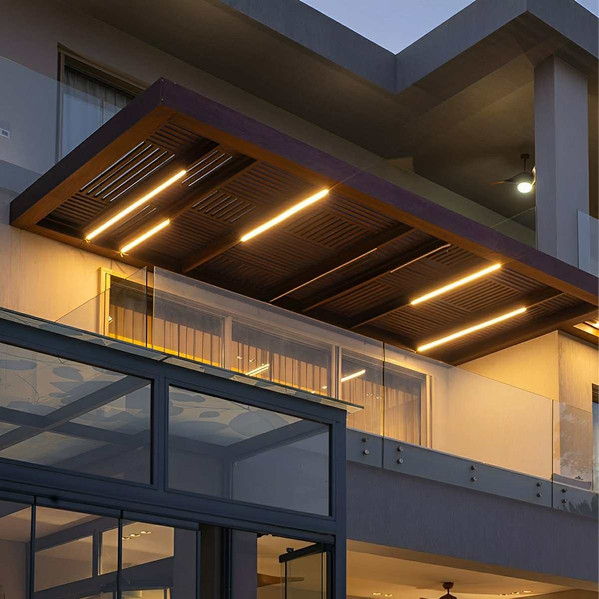 Slim Dimmable LED Linear Ceiling Light – several fixtures lit under a wooden canopy