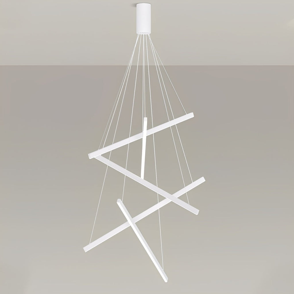 White Linear LED Chandelier – grey background render of the crossed bar frame