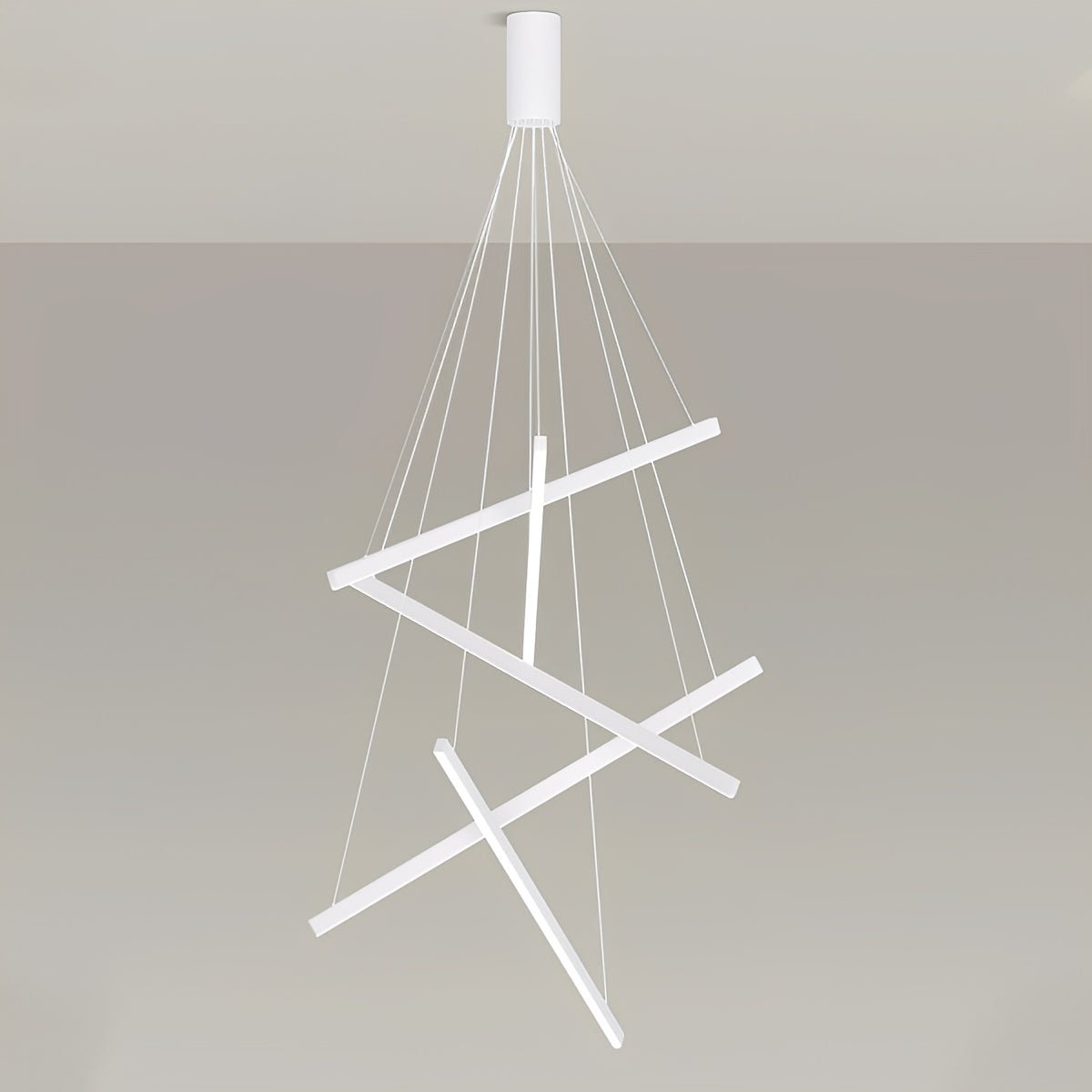 White Linear LED Chandelier – grey background render of the crossed bar frame