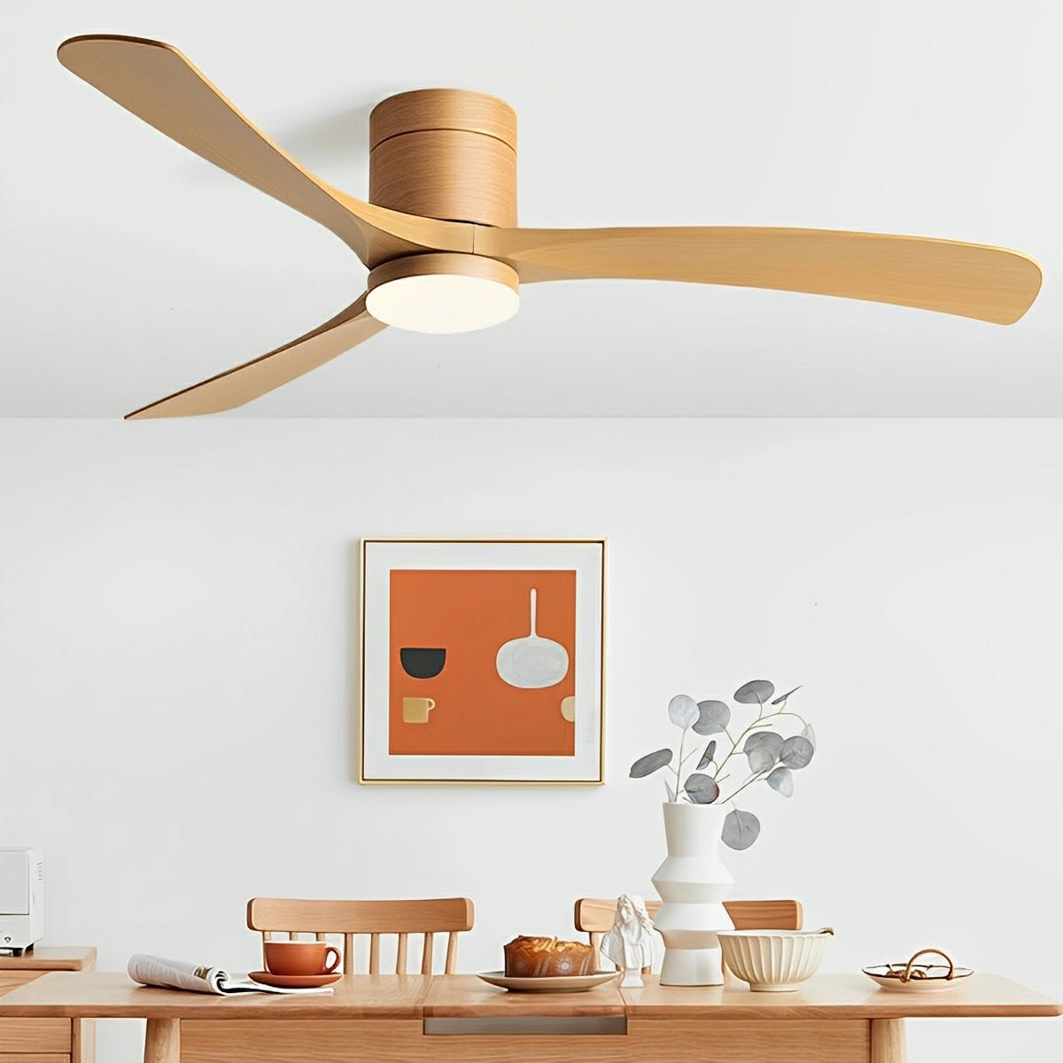 Nordic Six Speed Ceiling Fan with LED Light – light oak finish above a dining table
