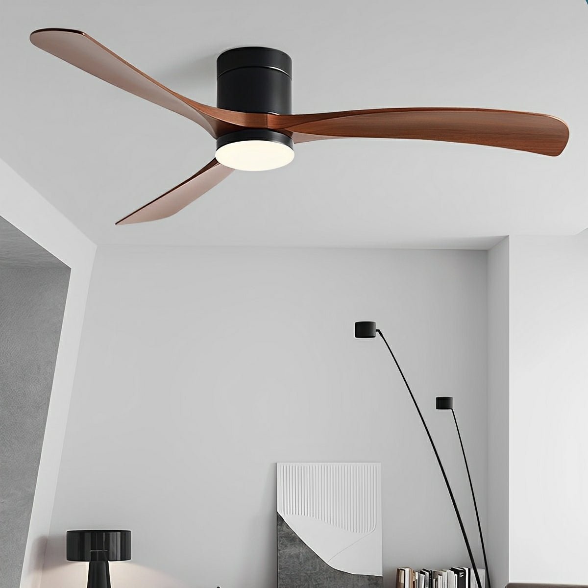 Nordic Six Speed Ceiling Fan with LED Light – black finish with walnut blades in a living room