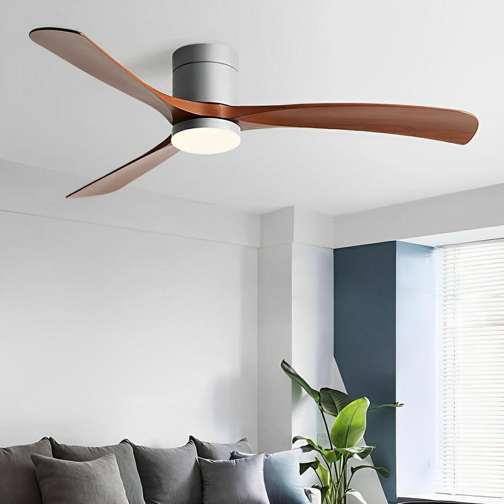 Nordic Six Speed Ceiling Fan with LED Light – grey finish with walnut blades in a living room
