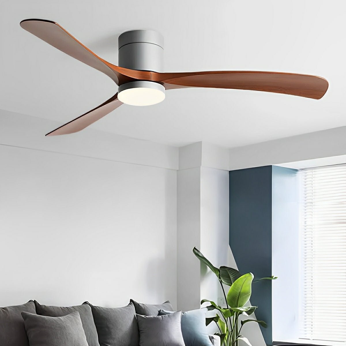 Nordic Six Speed Ceiling Fan with LED Light – grey finish with walnut blades in a living room
