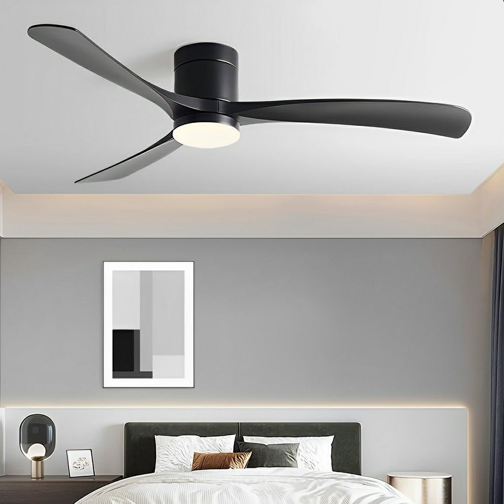 Nordic Six Speed Ceiling Fan with LED Light – black finish with black blades in a bedroom