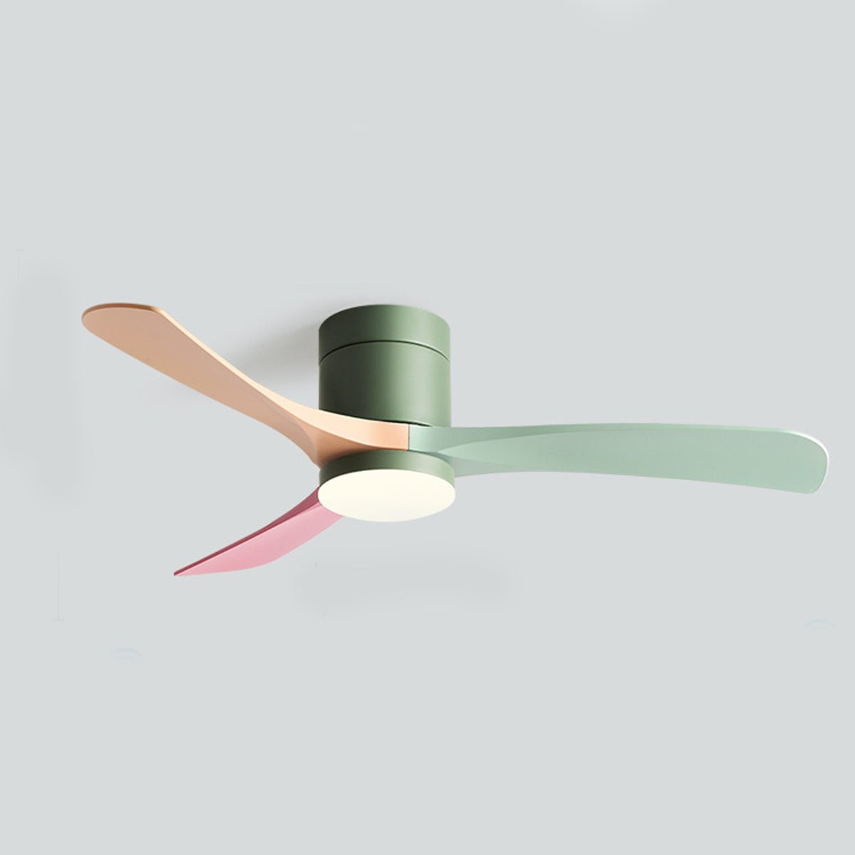 Nordic Six Speed Ceiling Fan with LED Light – pastel finish, green body with pink and beige blades, white background