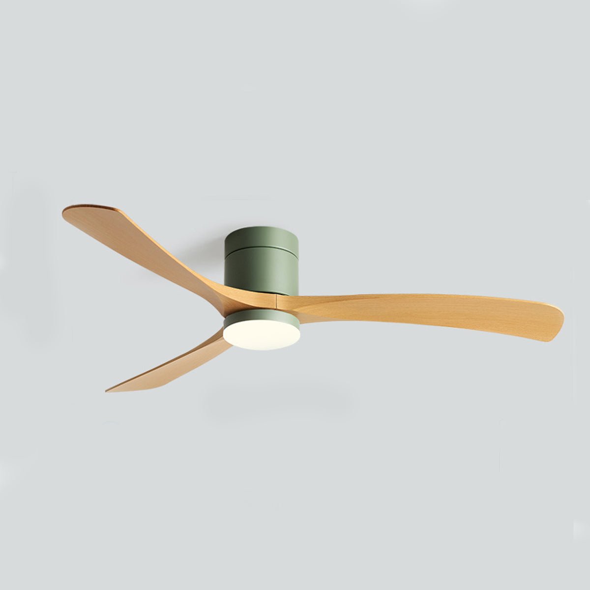 Nordic Six Speed Ceiling Fan with LED Light – green finish with light wood blades, side profile