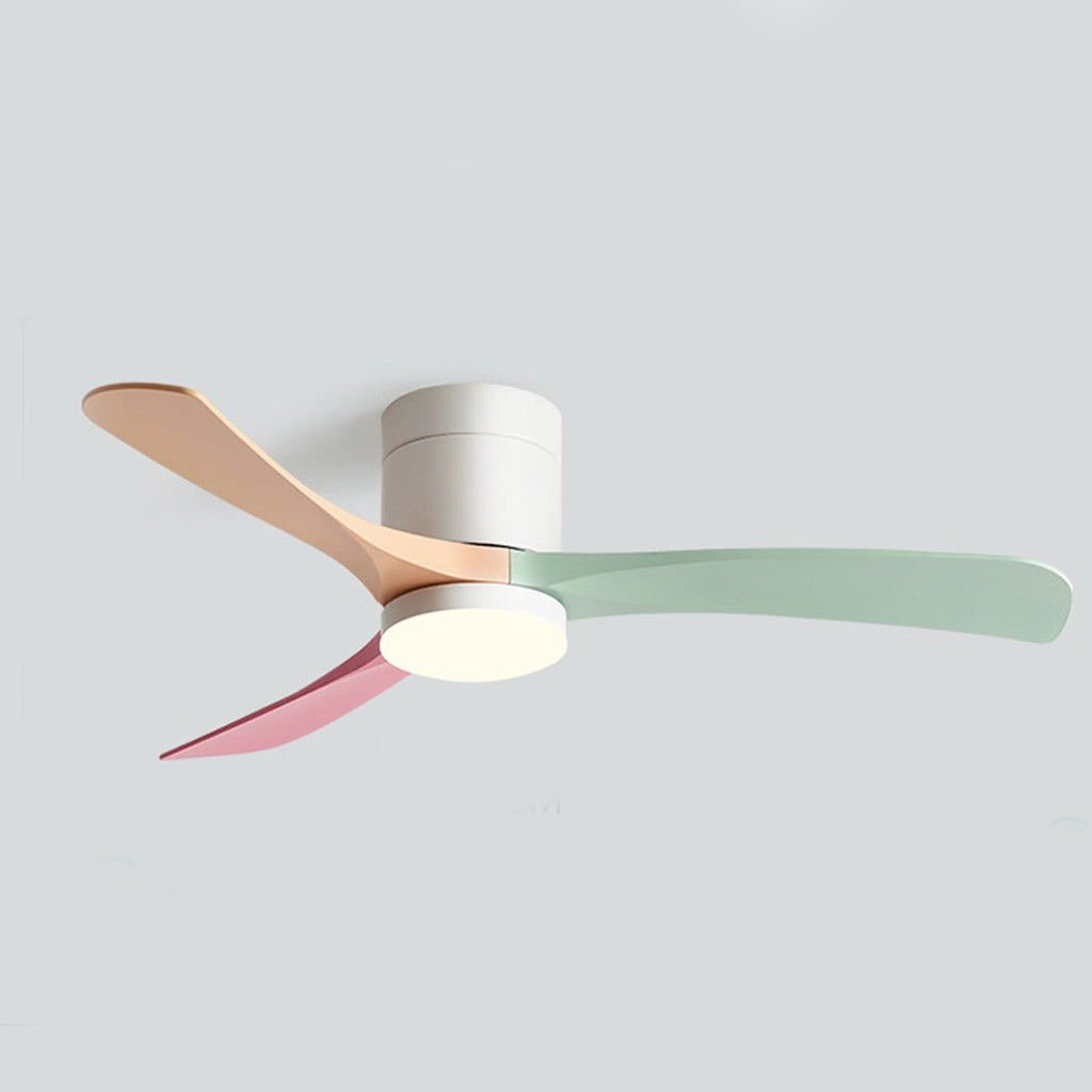 Nordic Six Speed Ceiling Fan with LED Light – pastel finish, white body with pink and green blades, side profile