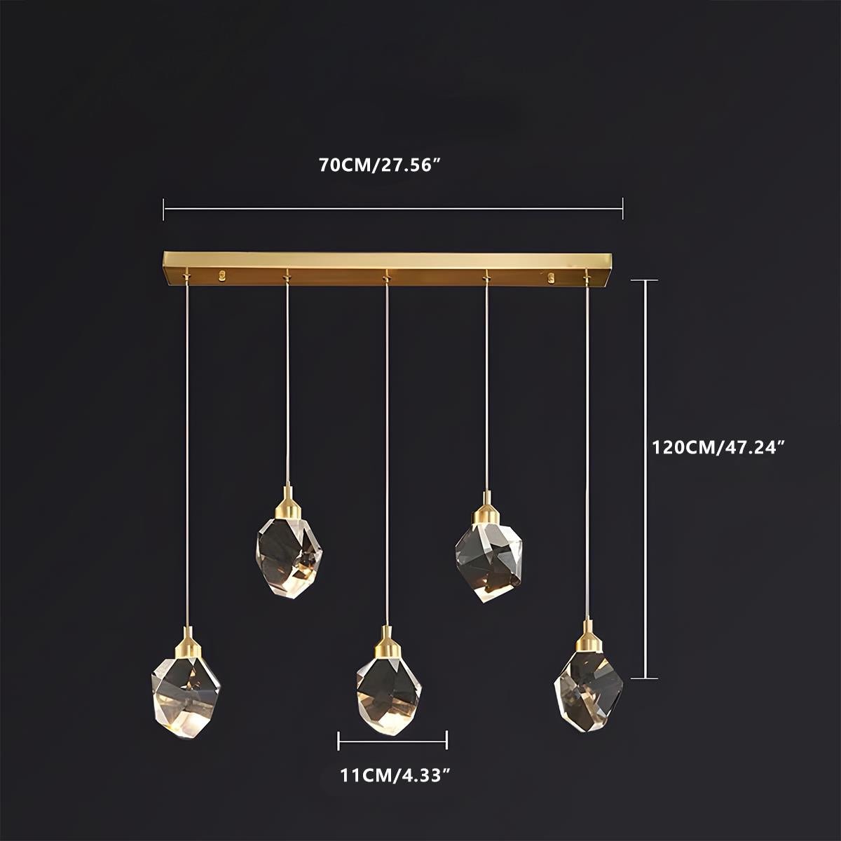 Brass & Crystal Dimmable Pendant Light – dimensions diagram, five-light bar, 120 cm drop