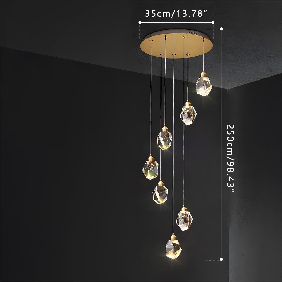 Brass & Crystal Dimmable Pendant Light – dimensions diagram, seven-light spiral, 250 cm drop