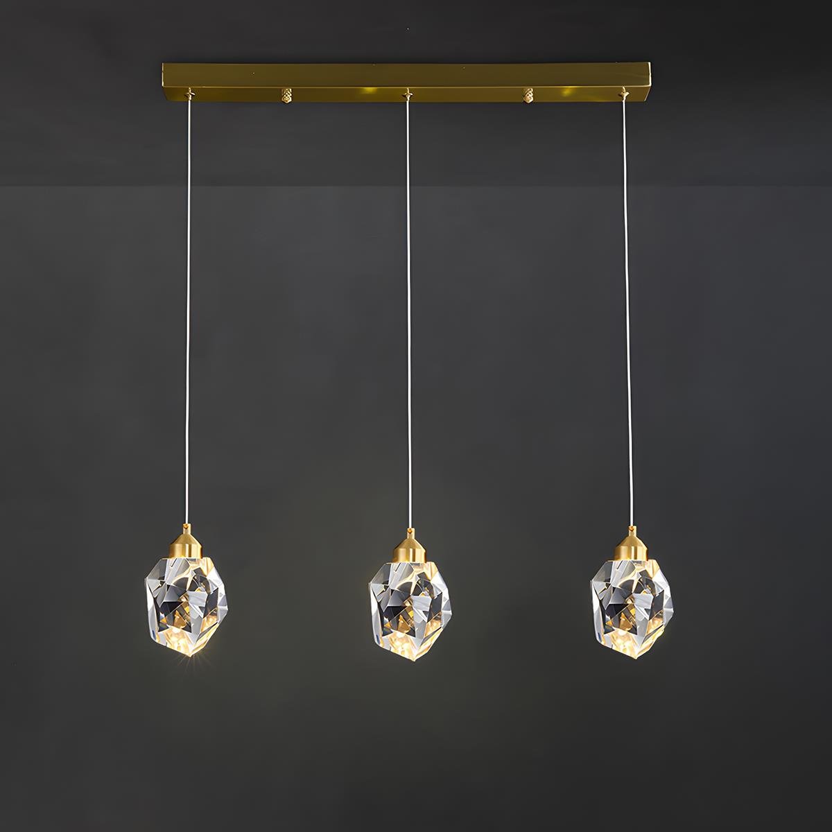 Brass & Crystal Dimmable Pendant Light – dimensions diagram, three-light linear bar