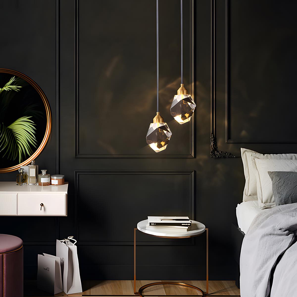 Brass & Crystal Dimmable Pendant Light – pair of faceted pendants above a bedside table