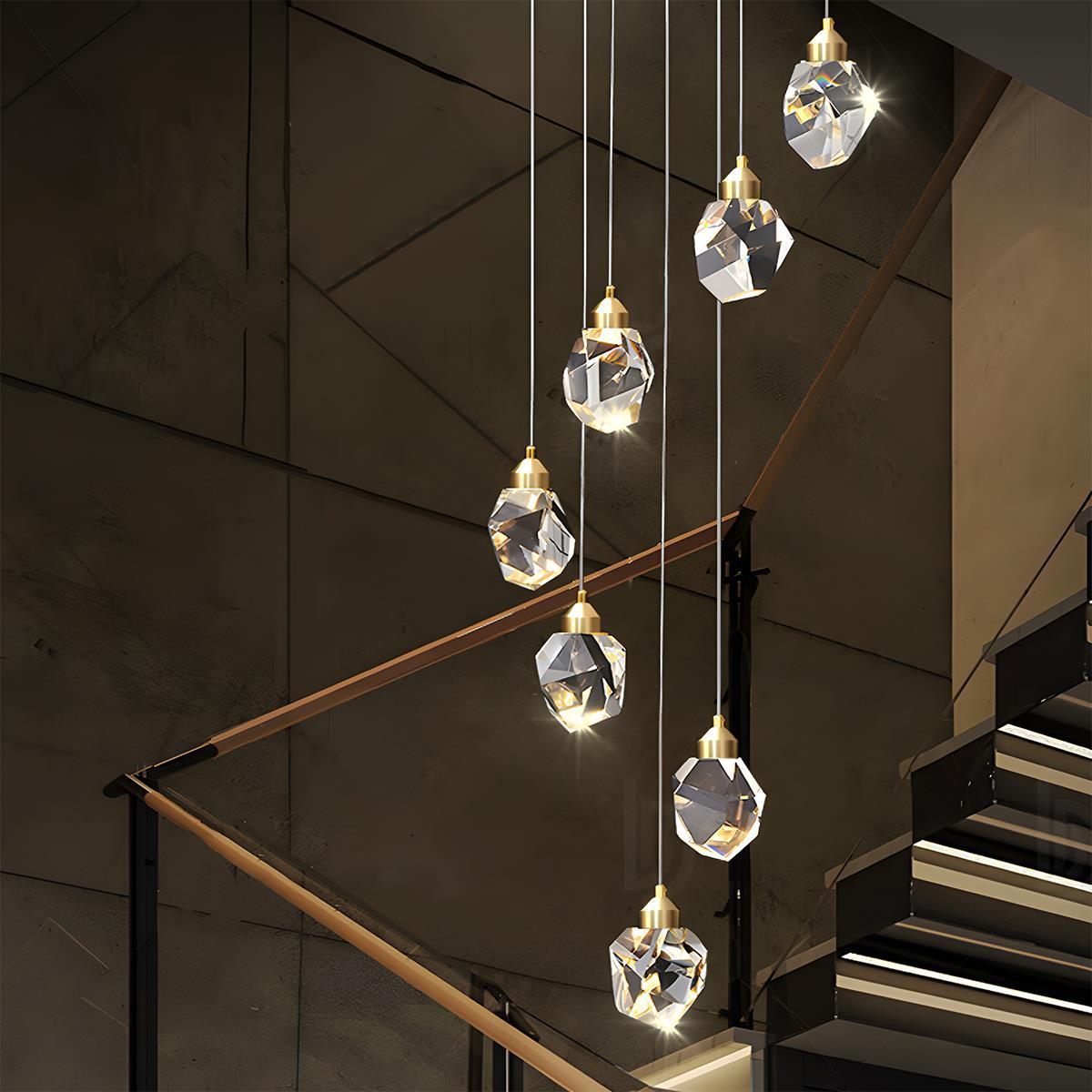 Brass & Crystal Dimmable Pendant Light – seven faceted pendants cascading down a staircase