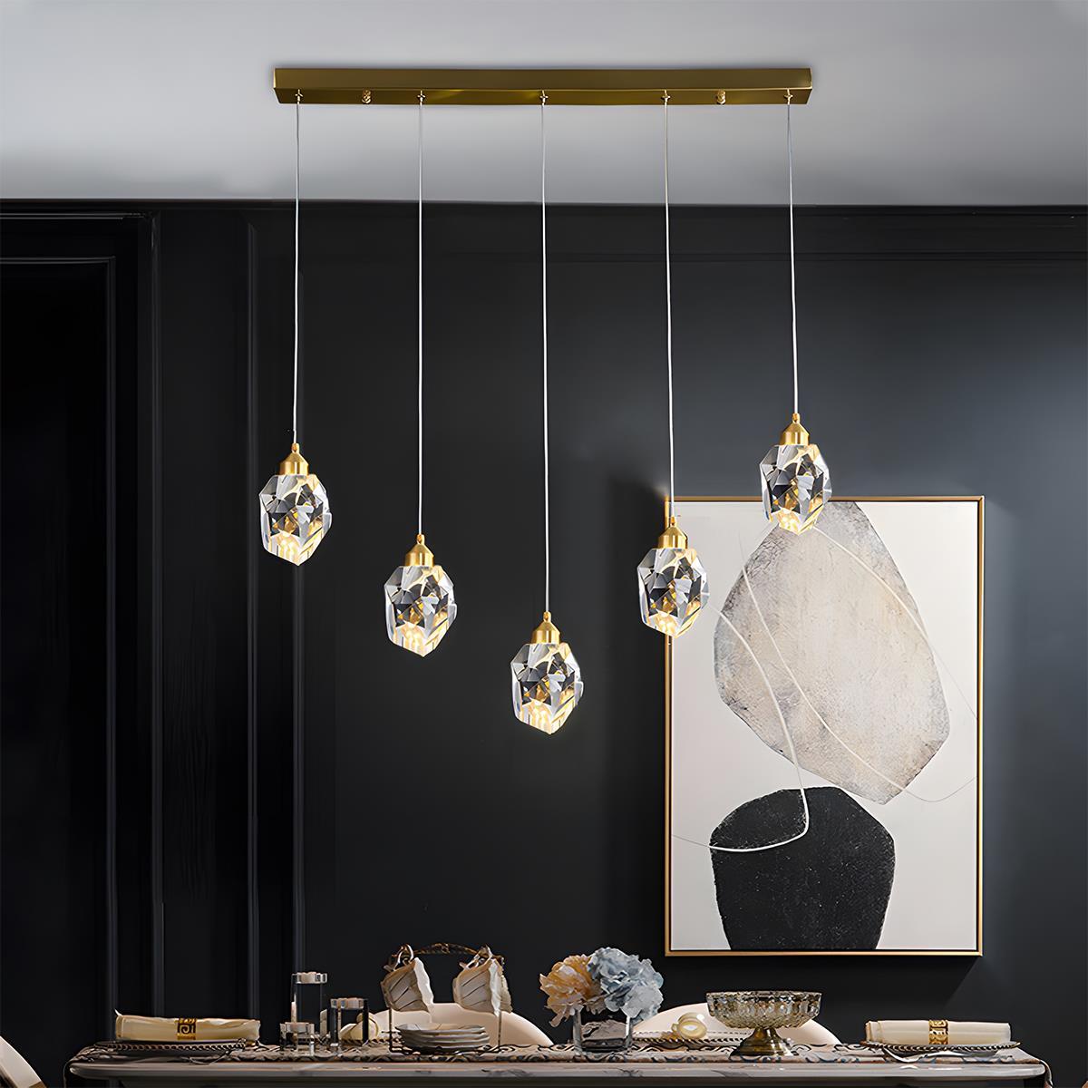 Brass & Crystal Dimmable Pendant Light – five faceted pendants on a linear bar