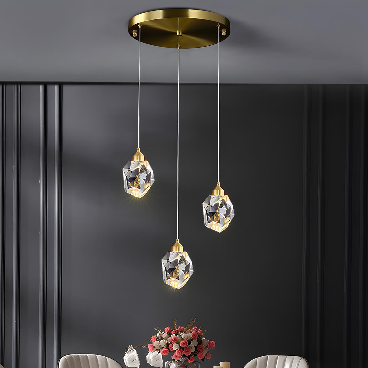 Brass & Crystal Dimmable Pendant Light – trio of faceted pendants on a ceiling plate