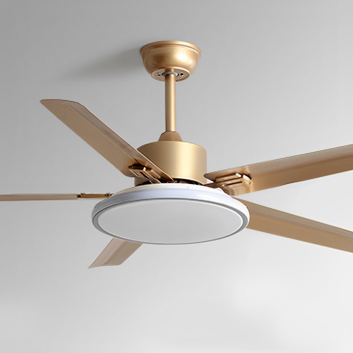 Five Blade Stainless Steel Ceiling Fan with Light – close-up from below, gold finish