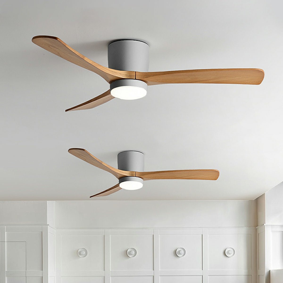 Wood Grain Inverter Ceiling Fan with Light – two fans mounted on a panelled ceiling