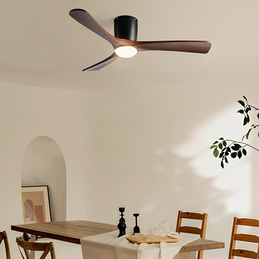 Wood Grain Inverter Ceiling Fan with Light – dark walnut blades above a dining table