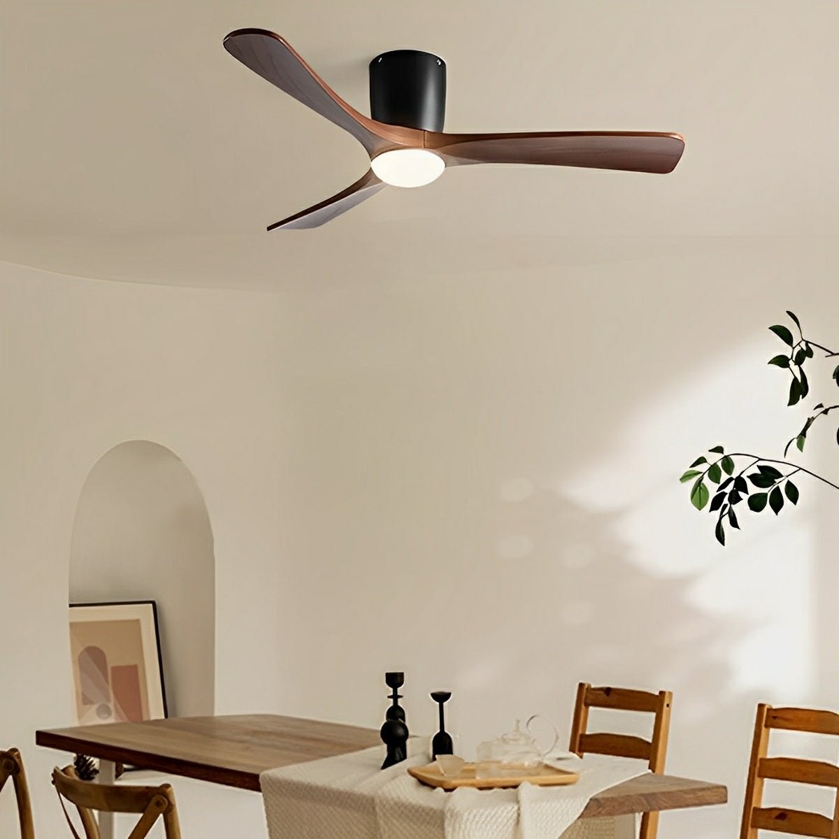 Wood Grain Inverter Ceiling Fan with Light – dark walnut blades above a dining table