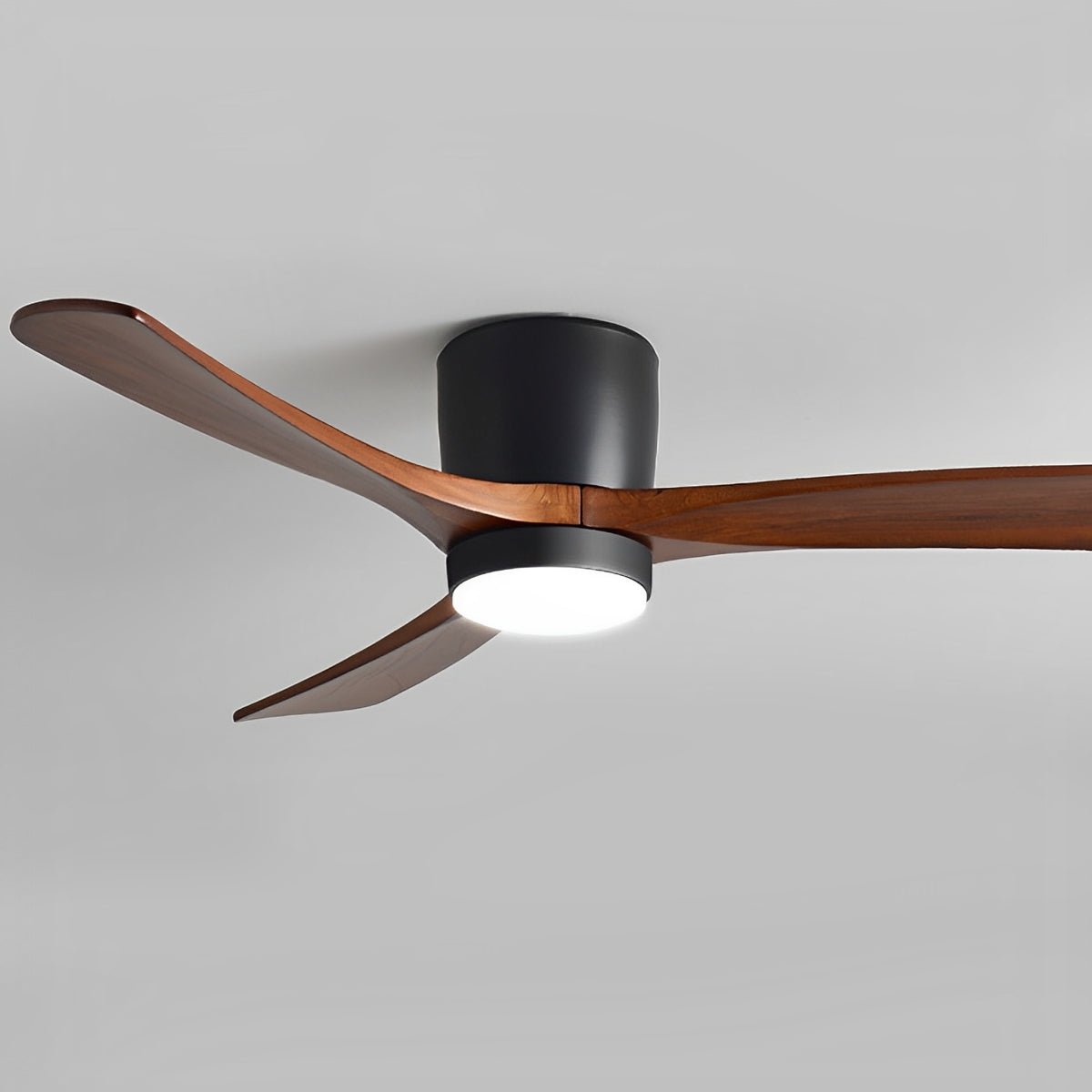 Wood Grain Inverter Ceiling Fan with Light – close-up of walnut blades and black motor