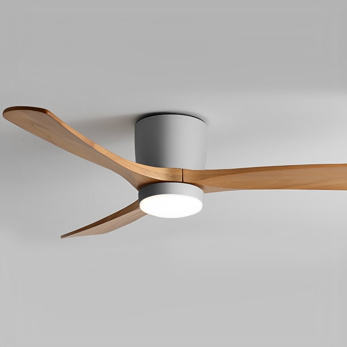 Wood Grain Inverter Ceiling Fan with Light – top-down close-up of wood blades and white housing