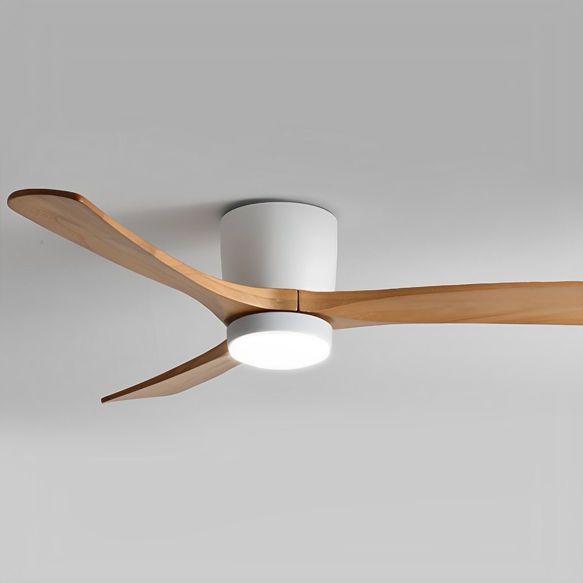 Wood Grain Inverter Ceiling Fan with Light – close-up from below of wood blades and light