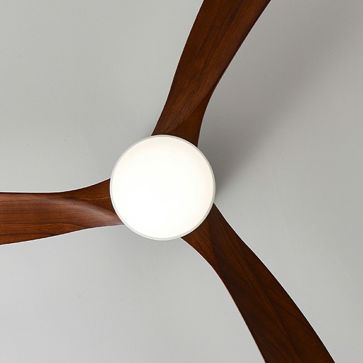 Wood Grain Inverter Ceiling Fan with Light – close-up from above of walnut blades and housing