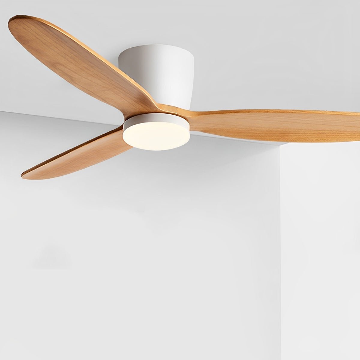 Scandinavian Wood Finish Ceiling Fan with Light – close-up of the white motor housing