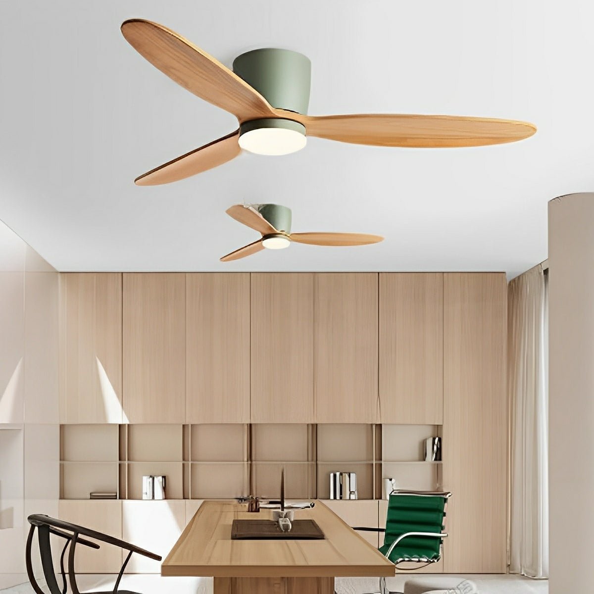 Scandinavian Wood Finish Ceiling Fan with Light – mounted above an office meeting table