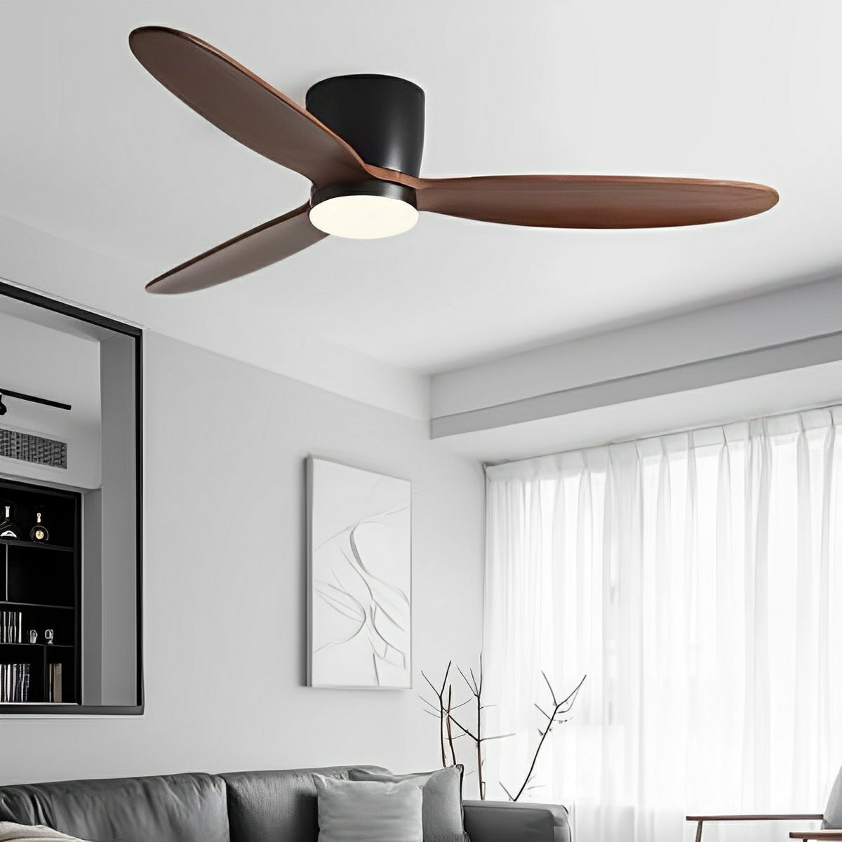 Scandinavian Wood Finish Ceiling Fan with Light – dark walnut blades above a living room sofa