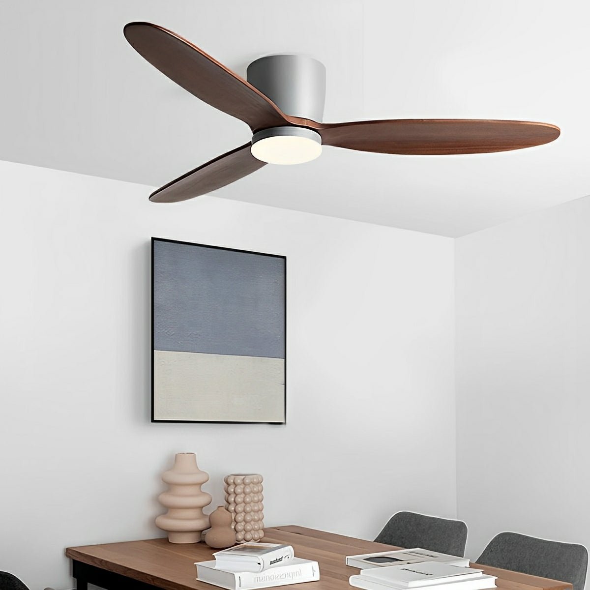 Scandinavian Wood Finish Ceiling Fan with Light – close-up of silver motor housing with walnut blades