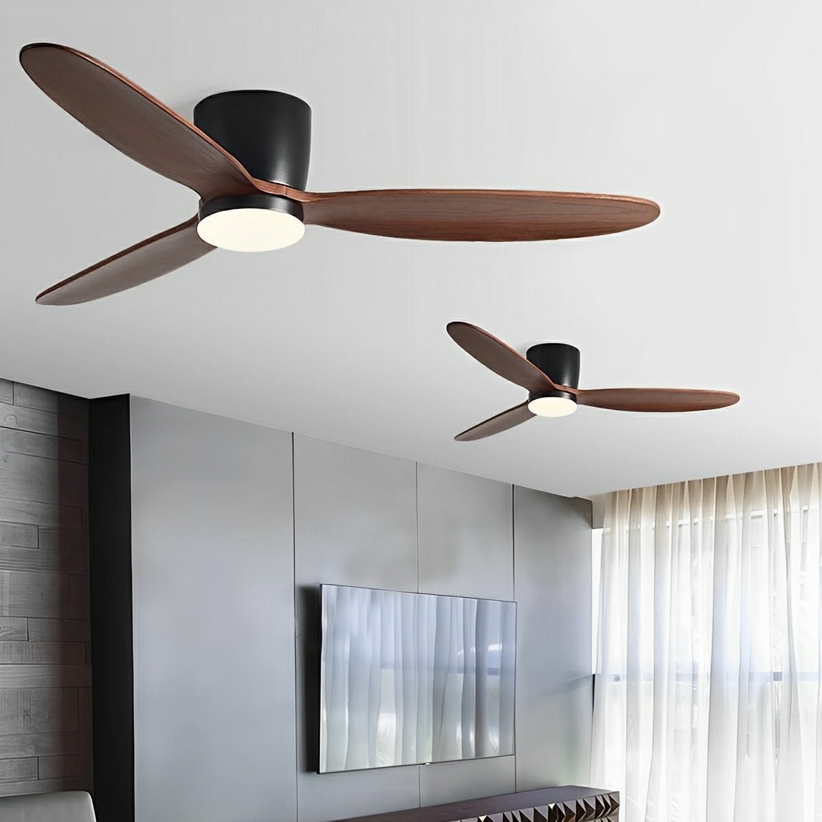 Scandinavian Wood Finish Ceiling Fan with Light – dark wood fan mounted in a modern lounge