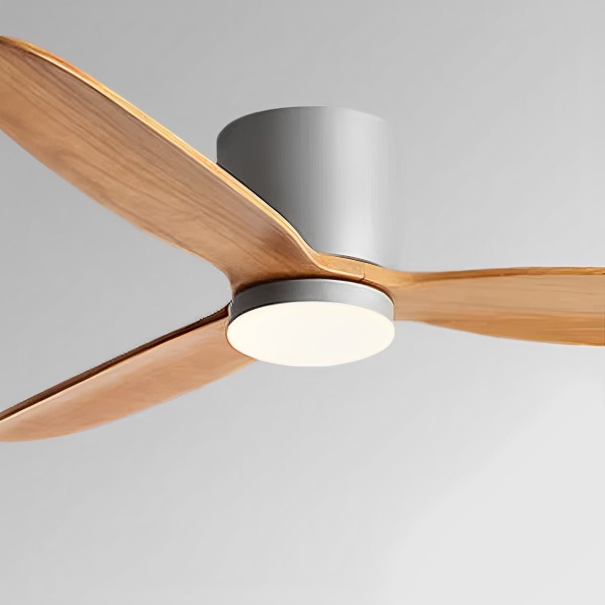Scandinavian Wood Finish Ceiling Fan with Light – close-up of the light wood finish and motor