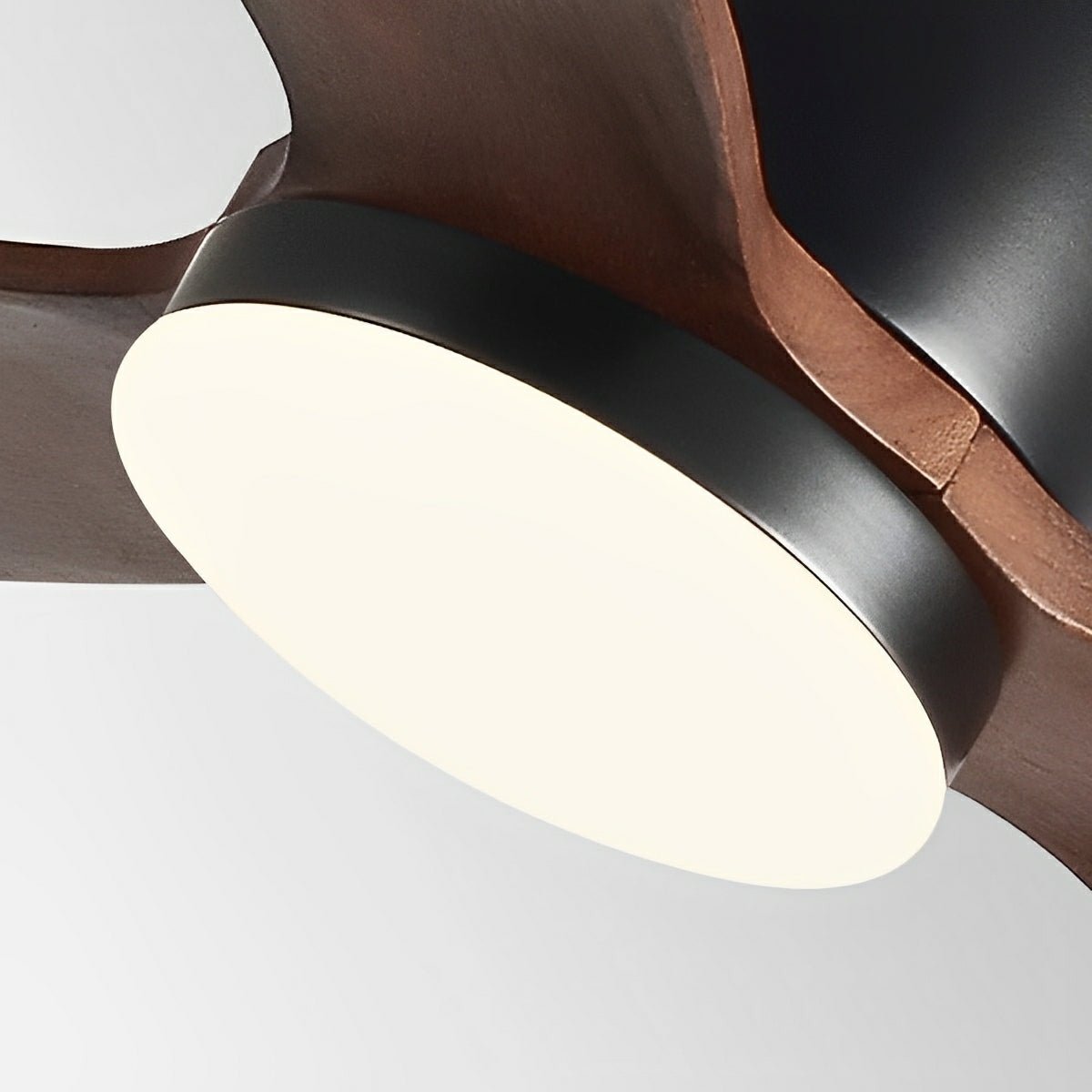 Scandinavian Wood Finish Ceiling Fan with Light – close-up of the black motor cover and light