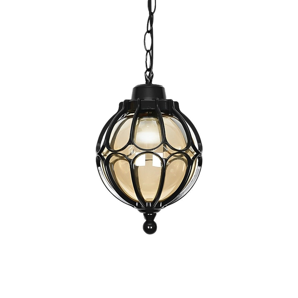 Outdoor Glass Globe Pendant Light – black finish on a chain, white background