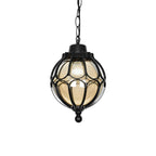 Outdoor Glass Globe Pendant Light – black finish on a chain, white background