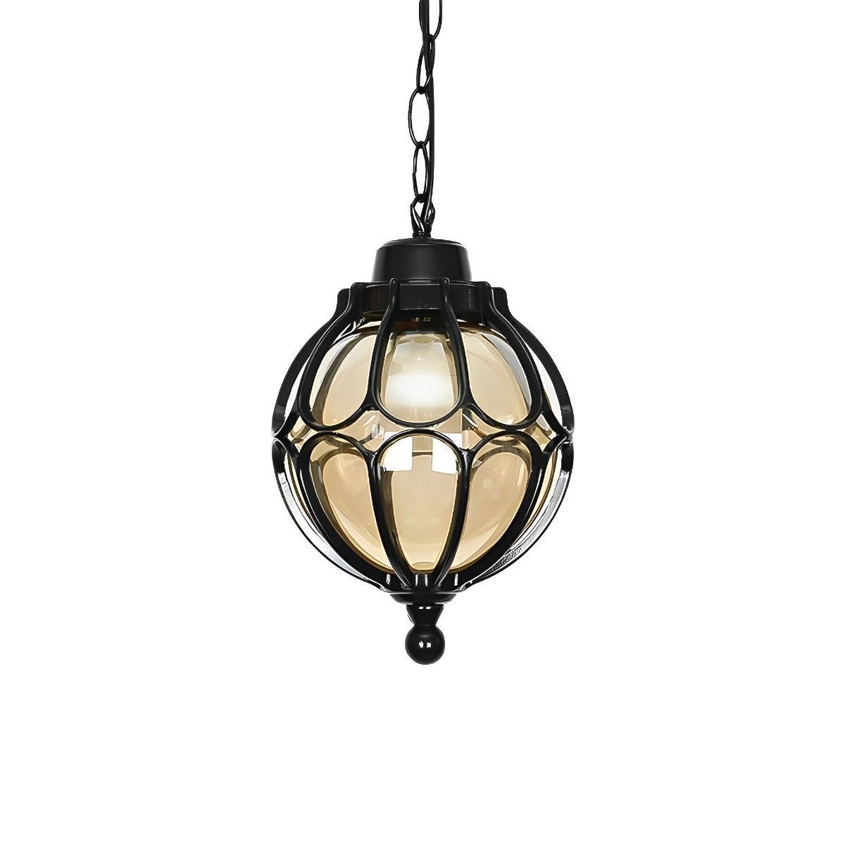 Outdoor Glass Globe Pendant Light – black finish on a chain, white background