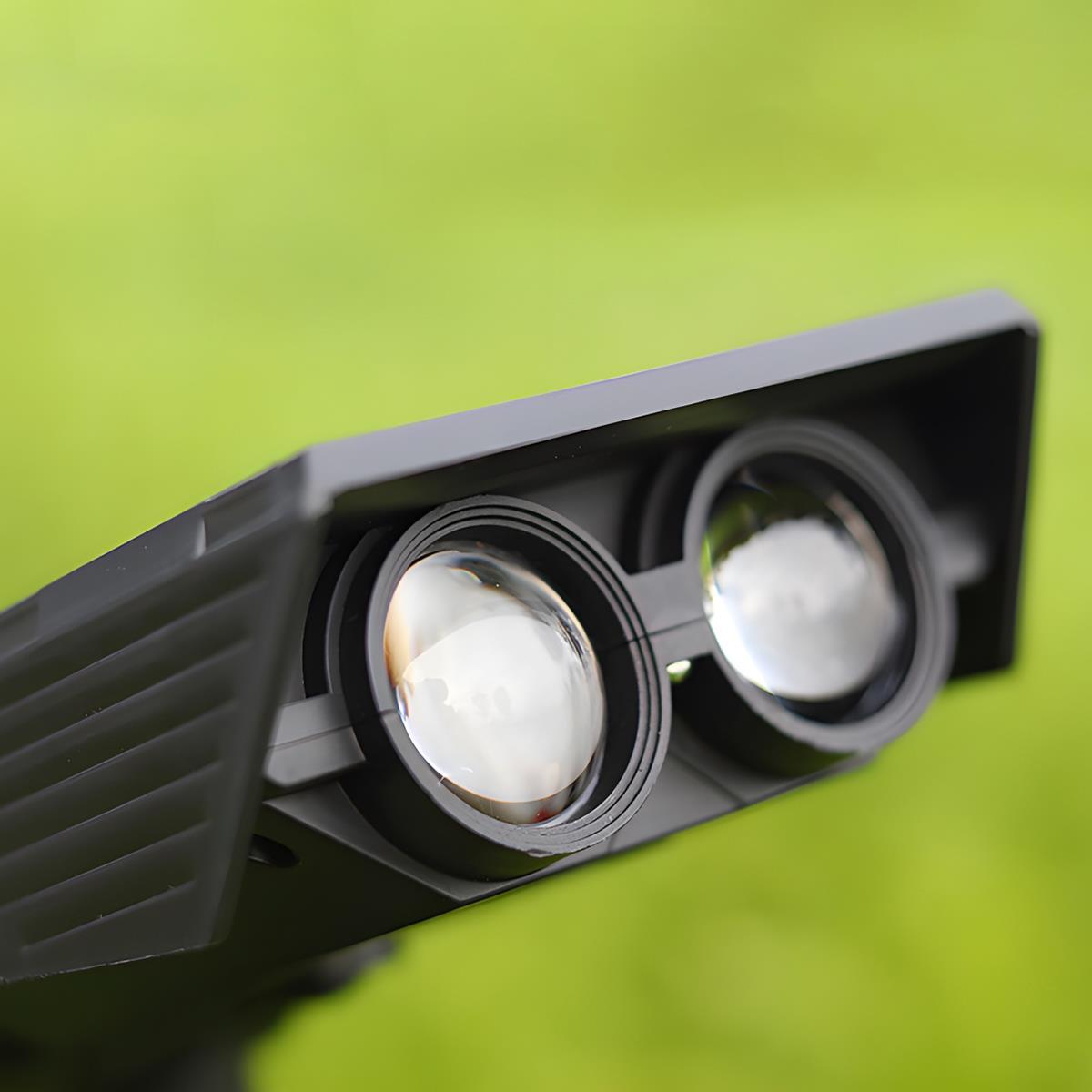 Solar Zoom Garden Spotlight – close-up of the twin lens heads outdoors