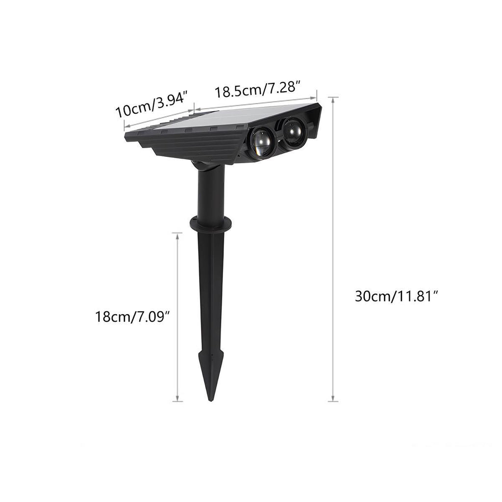 Solar Zoom Garden Spotlight – dimensions diagram, 18.5 by 10 cm head