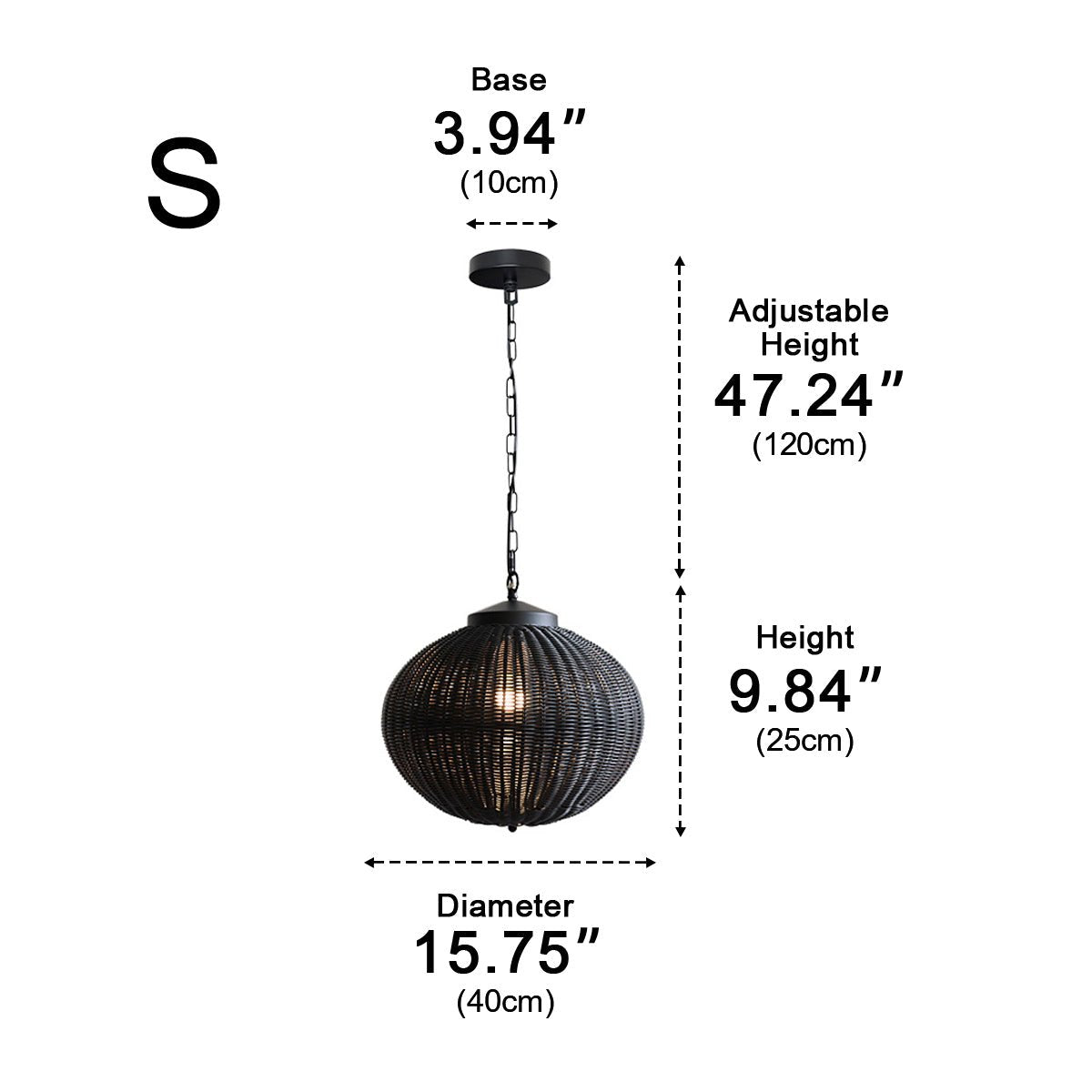 Black Rattan Outdoor Pendant Lantern – dimensions diagram, size small, 25 cm tall