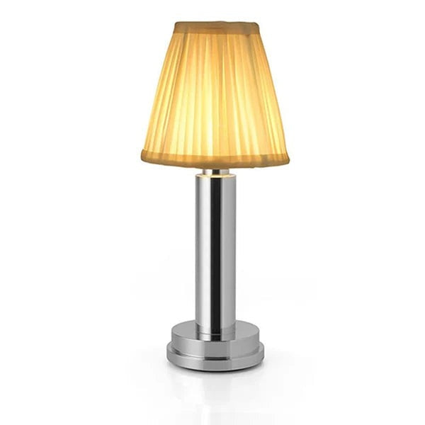 Wren Fabric Table Lamp – white background, chrome finish and beige pleated shade