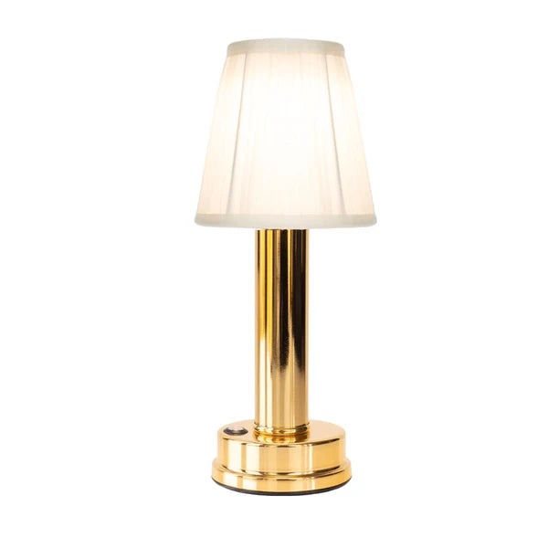 Wren Fabric Table Lamp – white background, gold finish and pleated white shade