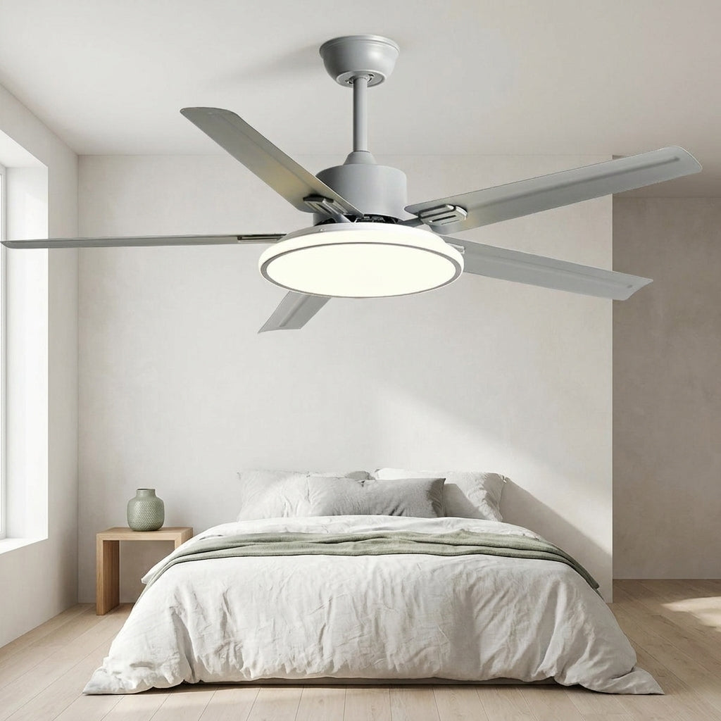 Five Blade Stainless Steel Ceiling Fan with Light – on a ceiling above a bed, grey finish