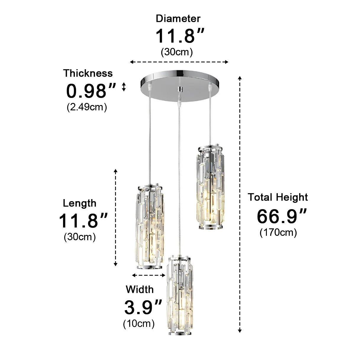 Crystal Glass Pendant Chandelier – dimensions diagram, three-light cluster 170 cm tall