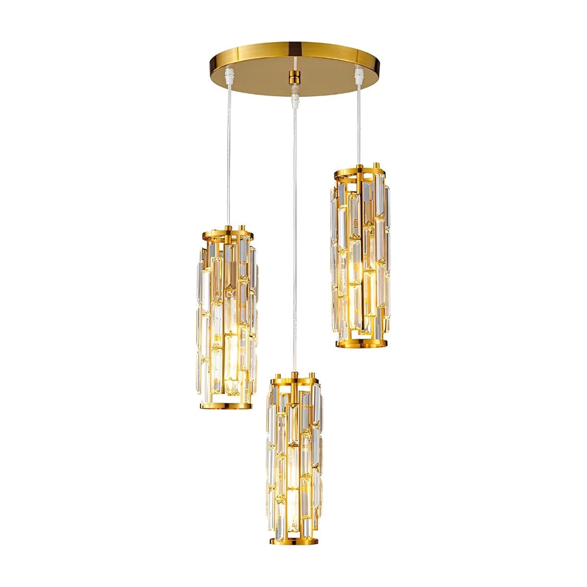 Crystal Glass Pendant Chandelier – three gold-finish pendants, white background