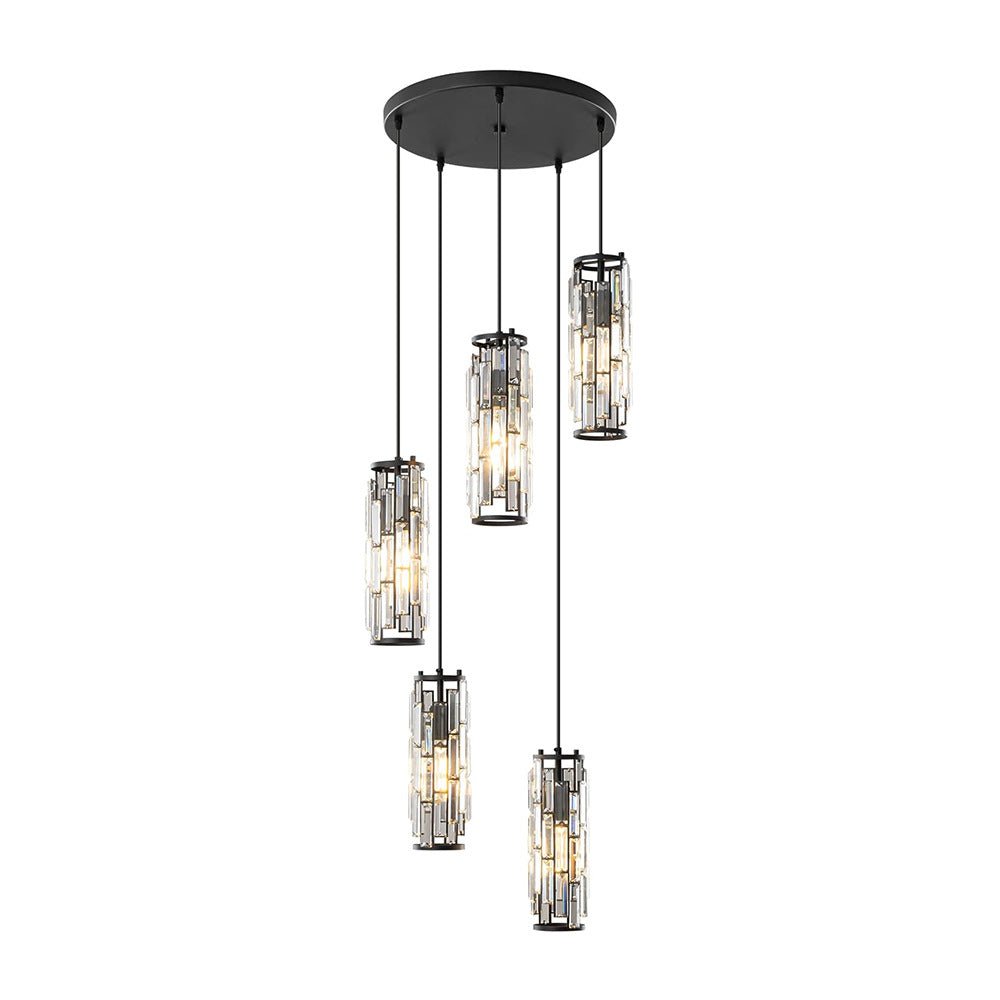 Crystal Glass Pendant Chandelier – five black-finish pendants at staggered heights