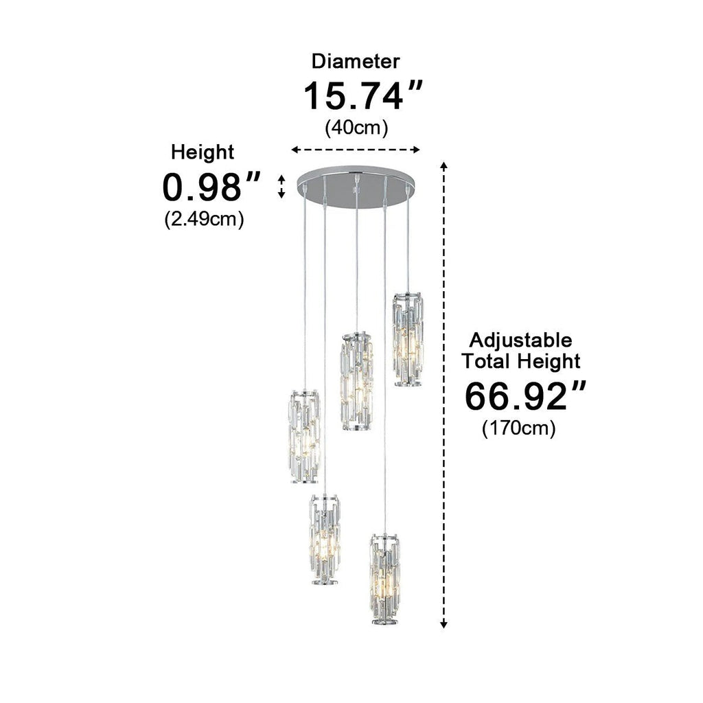 Crystal Glass Pendant Chandelier – dimensions diagram, five-light cluster 170 cm tall