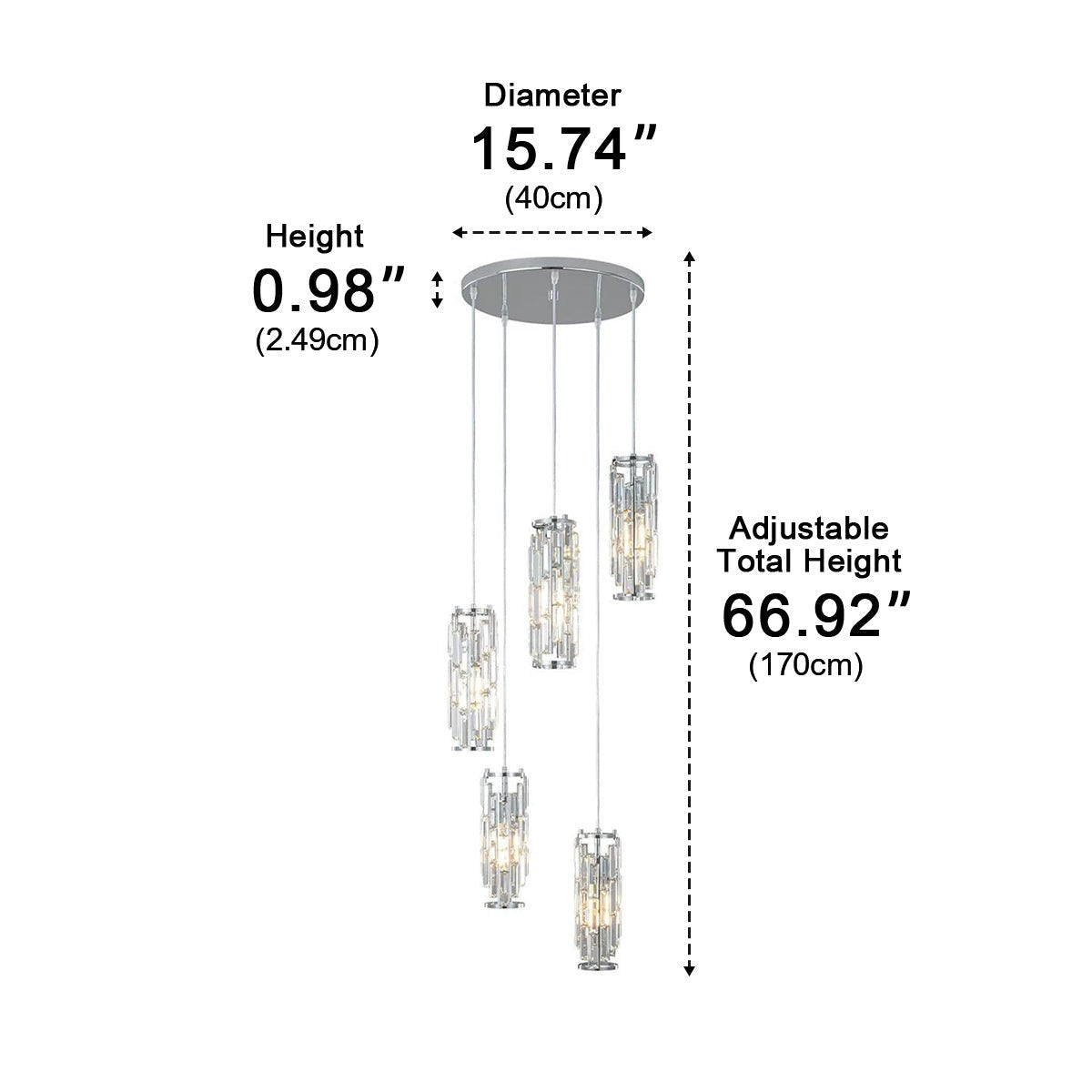 Crystal Glass Pendant Chandelier – dimensions diagram, five-light cluster 170 cm tall