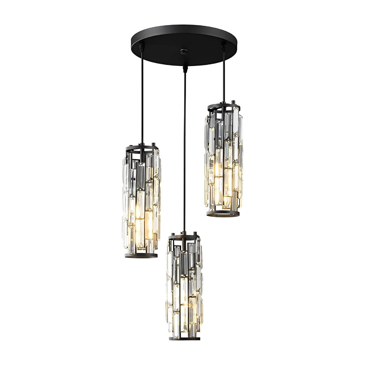 Crystal Glass Pendant Chandelier – three black-finish pendants, white background