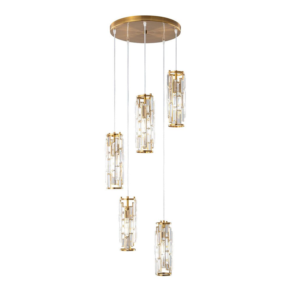 Crystal Glass Pendant Chandelier – five gold-finish pendants at staggered heights