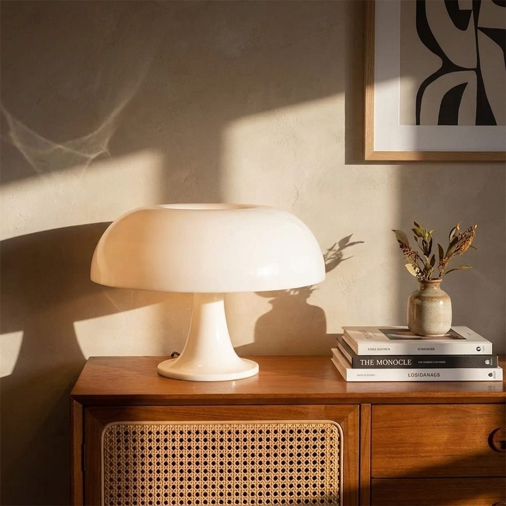 Juno Mushroom Table Lamp – lit on a wooden sideboard in sunlight